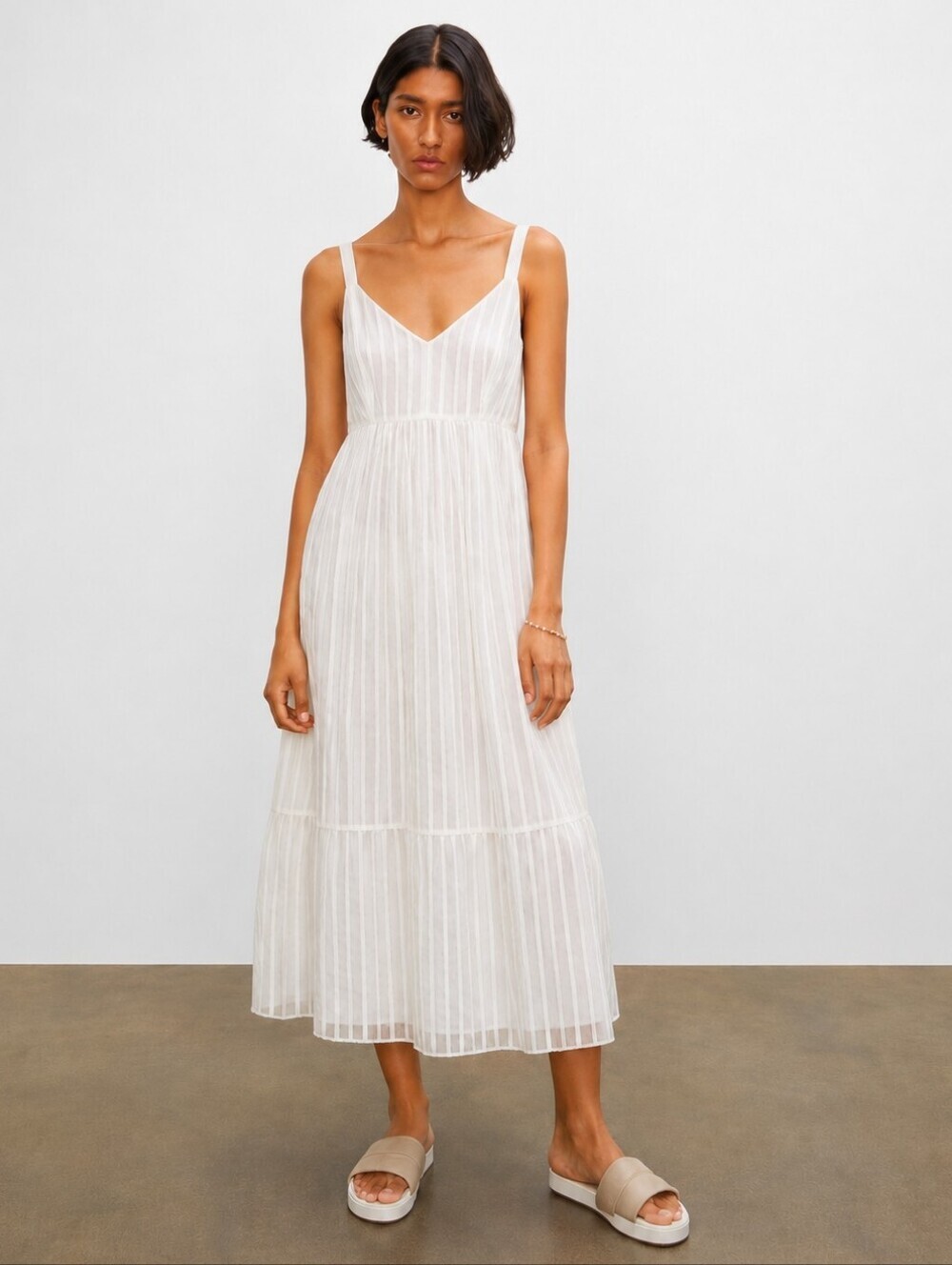 Club Monaco White Striped Midi Dress with V-Neck